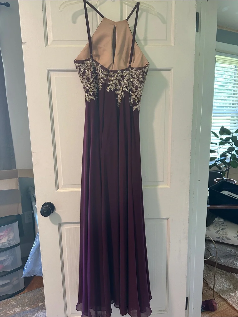 David's Bridal Plum Gown with Gold Embellishment